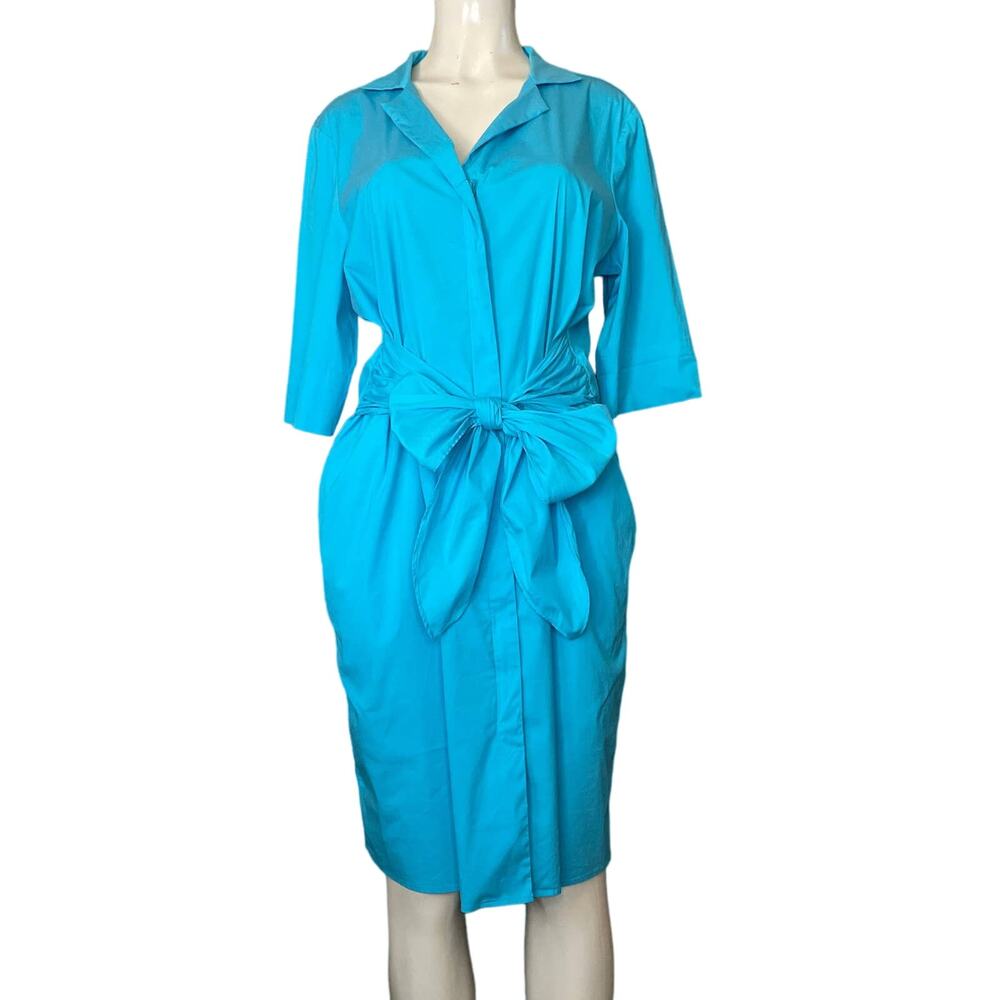 Lafayette 148 New York Shirt Dress Zip Front Crop Sleeve Turquoise Blue Size 14